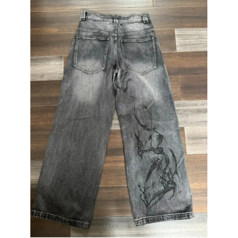 Jean Baggy Brodé pour Homme et Femme, Pantalon en Denim, Taille Haute, Large, Style Harajuku, Hip Hop, Rétro, Graphique Crâne, G