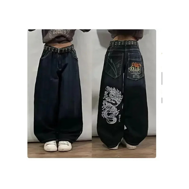 Jean Baggy Brodé pour Homme et Femme, Pantalon en Denim, Taille Haute, Large, Style Harajuku, Hip Hop, Rétro, Graphique Crâne, G