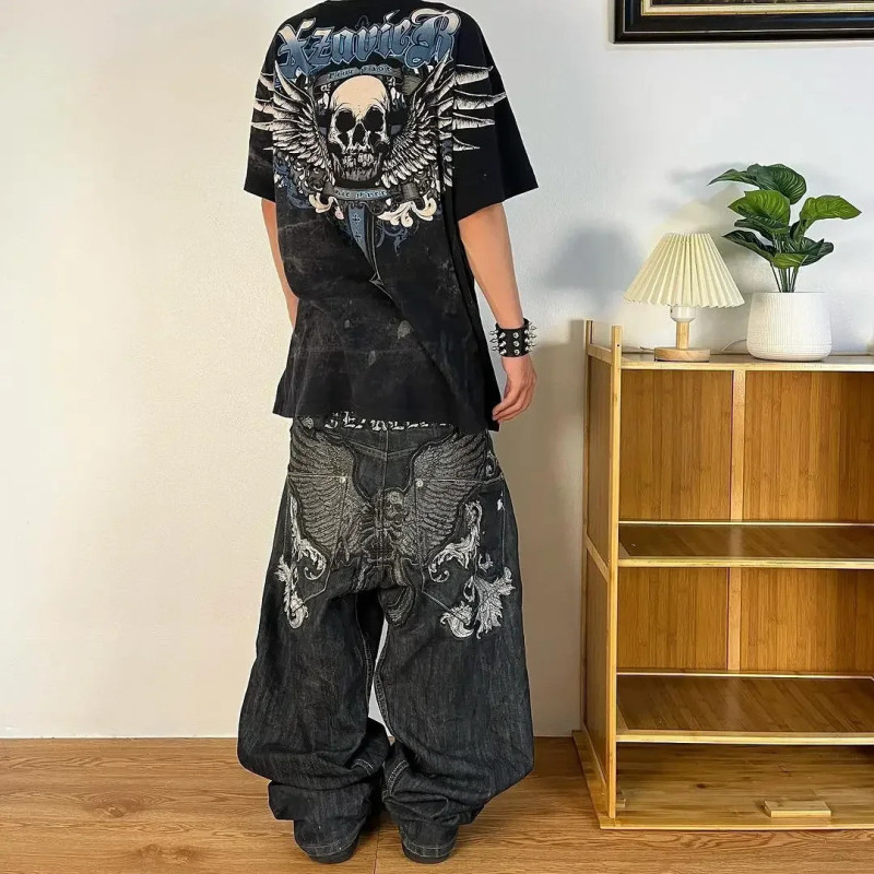 Jean Baggy Brodé pour Homme et Femme, Pantalon en Denim, Taille Haute, Large, Style Harajuku, Hip Hop, Rétro, Graphique Crâne, G