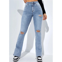 Jean Déchiré Taille Haute pour Femme, Jambes Droites en Denim, Coupe Slim, Mode Décontractée, FjS-2XL, Nouvelle Collection Hiver