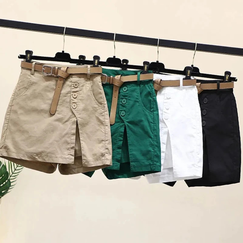 Short chic pour femme, ceinture coréenne, boutons solides, fente latérale, streetwear trapèze, jupes à la mode, pantalon d'été H