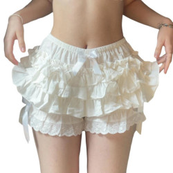 Short de plage en tricot pour femme, taille élastique, volants, batterie superposée, froufrous, Lolita, culotte bouffante Kawaii