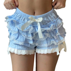 Short de plage en tricot pour femme, taille élastique, volants, batterie superposée, froufrous, Lolita, culotte bouffante Kawaii