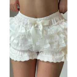 Short de plage en tricot pour femme, taille élastique, volants, batterie superposée, froufrous, Lolita, culotte bouffante Kawaii