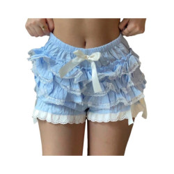 Short de plage en tricot pour femme, taille élastique, volants, batterie superposée, froufrous, Lolita, culotte bouffante Kawaii