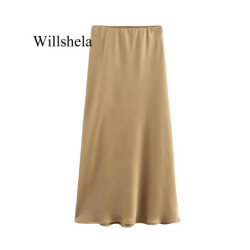 Willshela-Jupe Midi Plissée en Satin pour Femme, Couleur Unie, Vintage, Taille artificiel astique, Chic