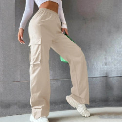 Pantalon Cargo artificiel astique Taille Haute pour Femme, Jogging à Jambes Larges, Baggy, Survêtement Respirant