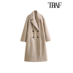 TRAF-Manteau en laine douce pour femme, manches longues, poches avant passepoilées, pardessus chic, mode féminine