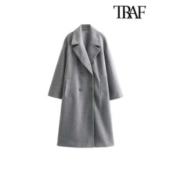 TRAF-Manteau en laine douce pour femme, manches longues, poches avant passepoilées, pardessus chic, mode féminine