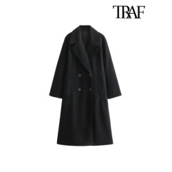 TRAF-Manteau en laine douce pour femme, manches longues, poches avant passepoilées, pardessus chic, mode féminine