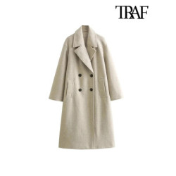 TRAF-Manteau en laine douce pour femme, manches longues, poches avant passepoilées, pardessus chic, mode féminine