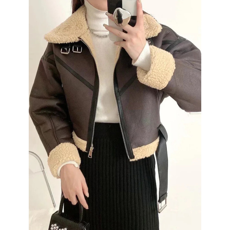 Ailegogo – manteau d'hiver en fausse peau d'agneau pour femme, veste courte avec ceinture, manteau épais et chaud en peau de mou