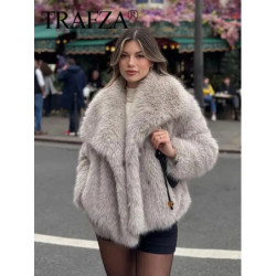 TRAFZA-Veste en Fausse Fourrure pour Femme, Col Rabattu, Manteau à Manches sulf, Streetwear Élégant, Mode Vintage, Automne et Hi