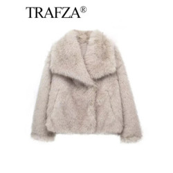 TRAFZA-Veste en Fausse Fourrure pour Femme, Col Rabattu, Manteau à Manches sulf, Streetwear Élégant, Mode Vintage, Automne et Hi