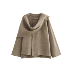 TRAF Women's Fashion Autumn and Winter Chic Scarf Commuter Jacket Long Sleeve Knitted Asymmetric Jacket Sexy Split Hem Loose Sho