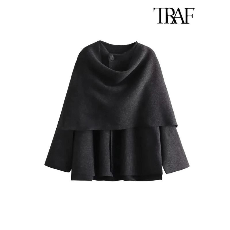 TRAF Women's Fashion Autumn and Winter Chic Scarf Commuter Jacket Long Sleeve Knitted Asymmetric Jacket Sexy Split Hem Loose Sho