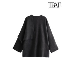 TRAF Women's Fashion Autumn and Winter Chic Scarf Commuter Jacket Long Sleeve Knitted Asymmetric Jacket Sexy Split Hem Loose Sho