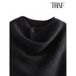 TRAF Women's Fashion Autumn and Winter Chic Scarf Commuter Jacket Long Sleeve Knitted Asymmetric Jacket Sexy Split Hem Loose Sho