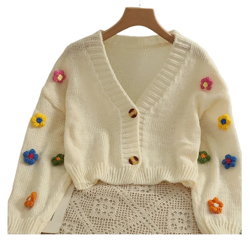 PTKPCC-Cardigan à fleurs appliques pour femmes, joli pull court en tricot à col en V long, tricots doux pour filles, nouveau, au