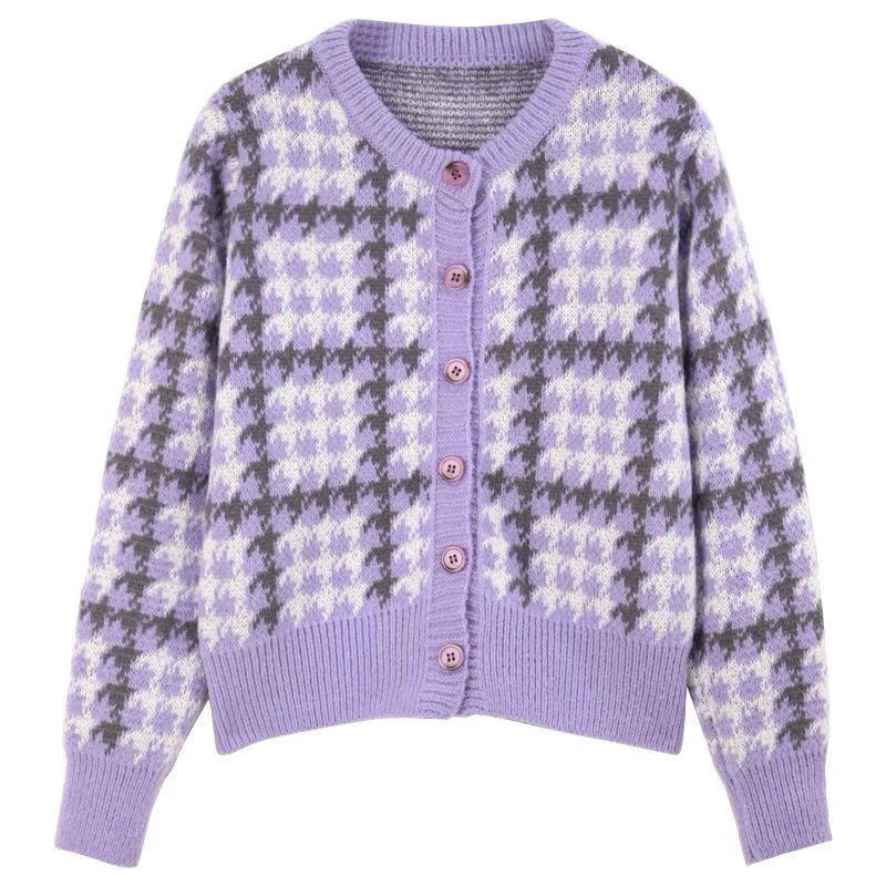 Cardigan coréen à carreaux doux pour femmes, pulls féminins à manches longues, col rond, style preppy pour dames, Y2k, rose, Har