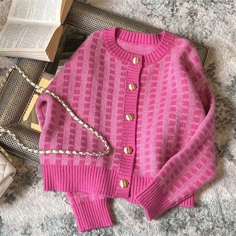 Cardigan coréen à carreaux doux pour femmes, pulls féminins à manches longues, col rond, style preppy pour dames, Y2k, rose, Har