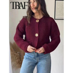 TRAF-Cardigans Décontractés à Manches sulfpour Femme, Pull à lèvent, Manteau à la Mode, Automne et Hiver 2024