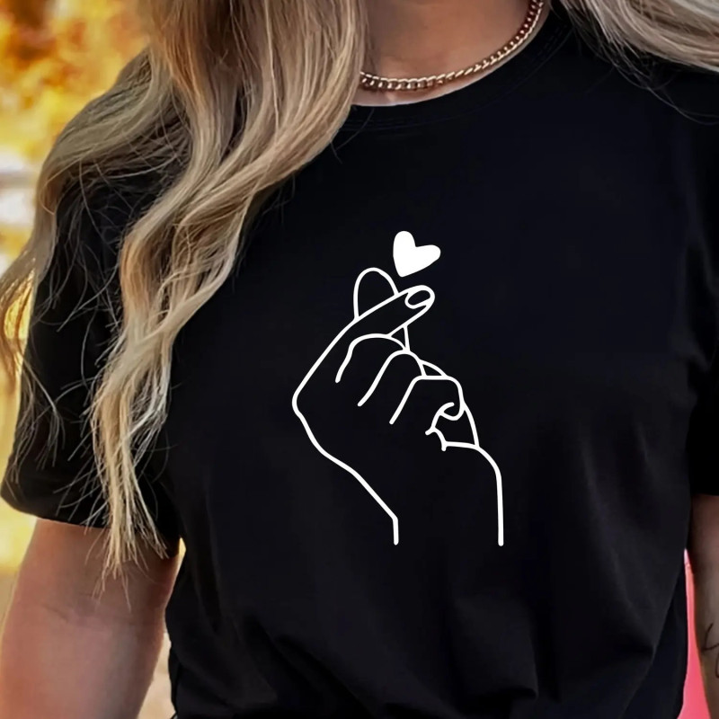 T-shirt à col rond monochromatique imprimé mignon pour femmes, haut décontracté à manches courtes, tous les jours, toutes saison