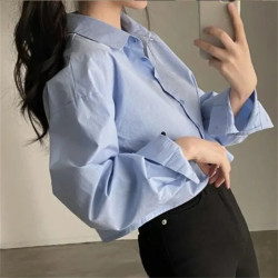 Chemise blanche décontractée à manches longues pour femmes, bouton solide, fendu, haut court, chemisier en Y, vêtements de fête,