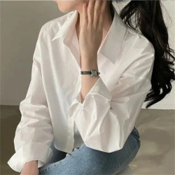 Chemise blanche décontractée à manches longues pour femmes, bouton solide, fendu, haut court, chemisier en Y, vêtements de fête,