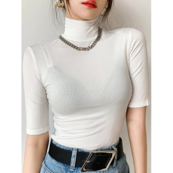 T-shirt col roulé manches courtes femme, basique, en coton, slim, décontracté, élastique, blanc