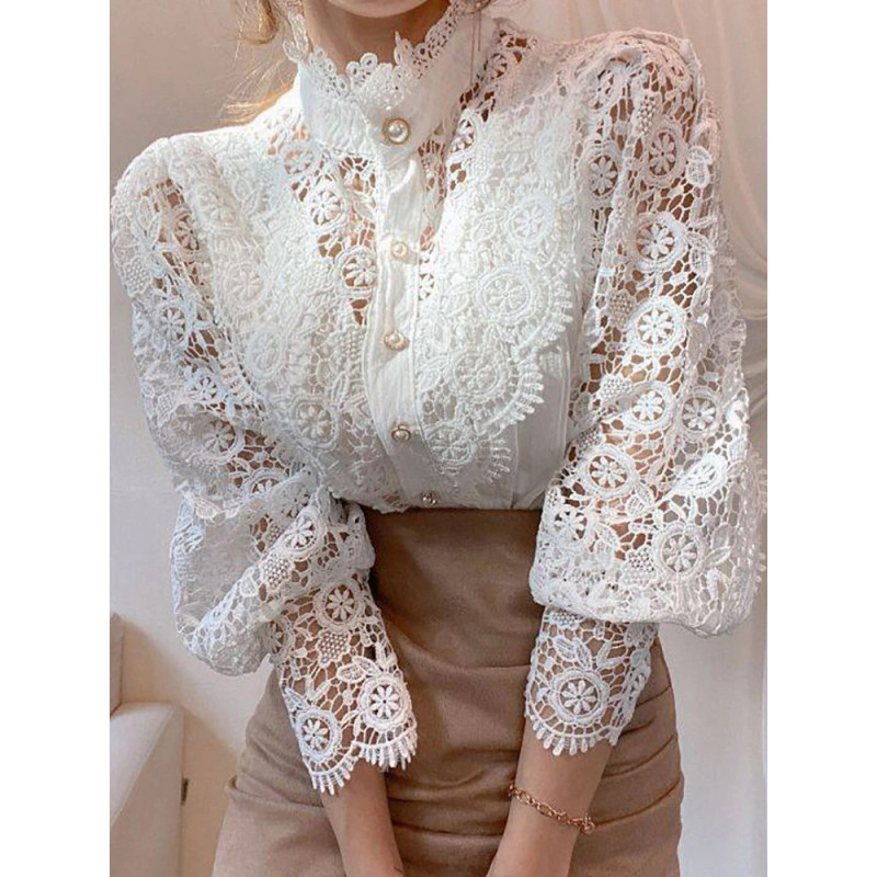 Femme Mousseline de Soie Bouton Col Roulé Chemise Chic Élégant Floral Dentelle Moelleux À Manche Longue Top Mode Creux Oversize 