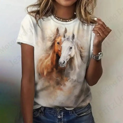 T-shirt col rond manches courtes femme, estival et vintage, avec cheval imprimé en 3D, à la mode