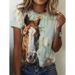 T-shirt col rond manches courtes femme, estival et vintage, avec cheval imprimé en 3D, à la mode