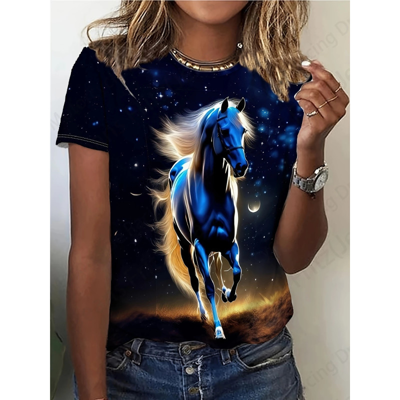 T-shirt col rond manches courtes femme, estival et vintage, avec cheval imprimé en 3D, à la mode