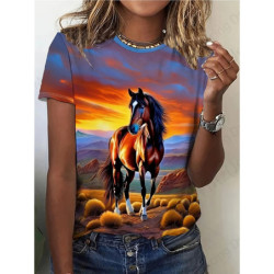 T-shirt col rond manches courtes femme, estival et vintage, avec cheval imprimé en 3D, à la mode