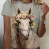 T-shirt col rond manches courtes femme, estival et vintage, avec cheval imprimé en 3D, à la mode