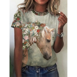 T-shirt col rond manches courtes femme, estival et vintage, avec cheval imprimé en 3D, à la mode