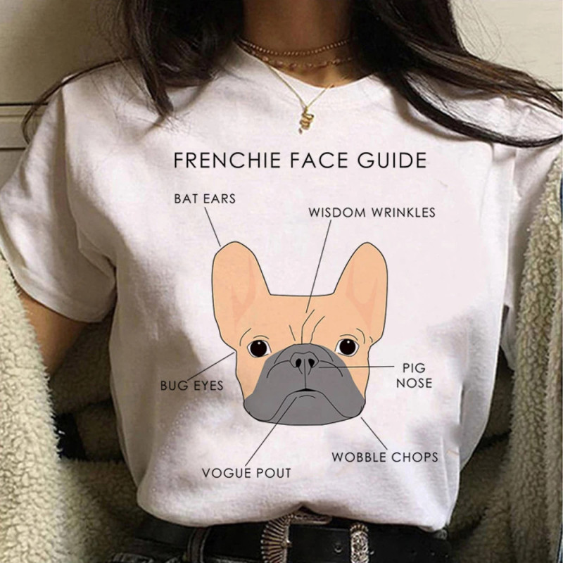 T-shirt pour femme, avec image de bouledogue français, vêtement japonais