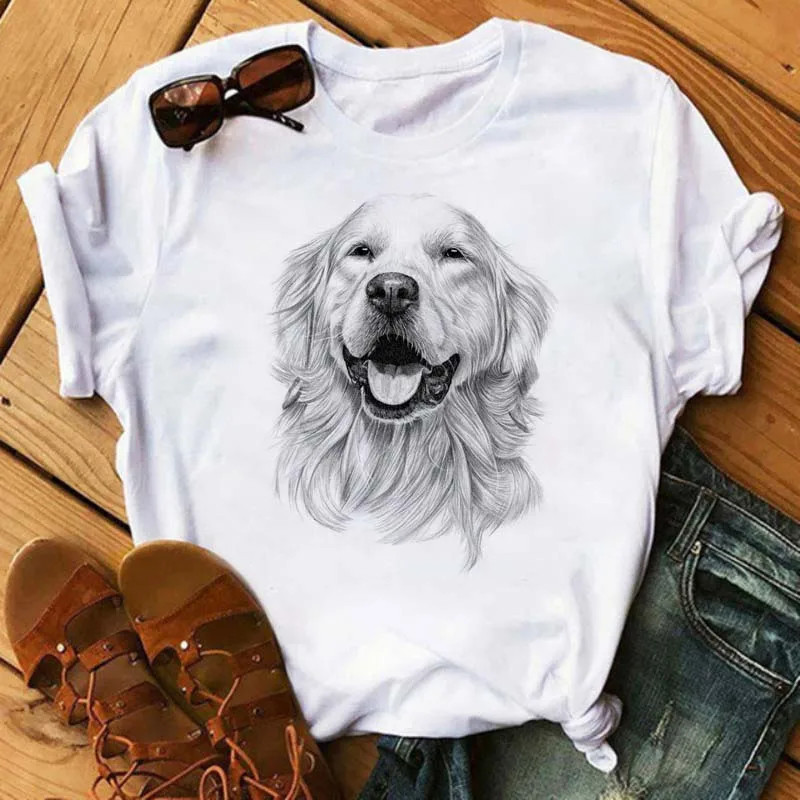 T-shirt imprimé chiens mignons pour femmes, vêtements blancs à manches courtes pour dames, haut Harajuku Y2K, t-shirt graphique 