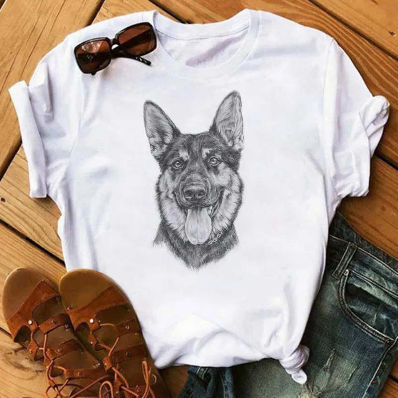 T-shirt imprimé chiens mignons pour femmes, vêtements blancs à manches courtes pour dames, haut Harajuku Y2K, t-shirt graphique 