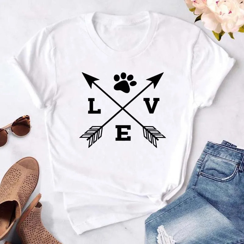 Maycaur-T-shirt noir à col rond pour femme, estival et humoristique, avec imprimé cœur, pattes de chien, dessin animé, à la mode