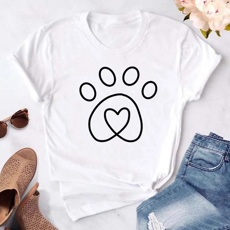 Maycaur-T-shirt noir à col rond pour femme, estival et humoristique, avec imprimé cœur, pattes de chien, dessin animé, à la mode