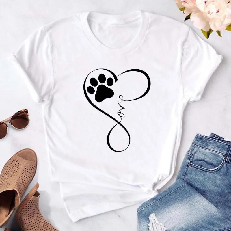 Maycaur-T-shirt noir à col rond pour femme, estival et humoristique, avec imprimé cœur, pattes de chien, dessin animé, à la mode