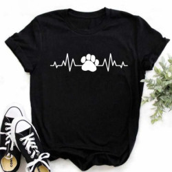 Maycaur-T-shirt noir à col rond pour femme, estival et humoristique, avec imprimé cœur, pattes de chien, dessin animé, à la mode