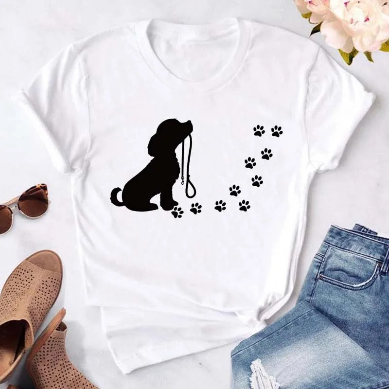 Maycaur-T-shirt noir à col rond pour femme, estival et humoristique, avec imprimé cœur, pattes de chien, dessin animé, à la mode