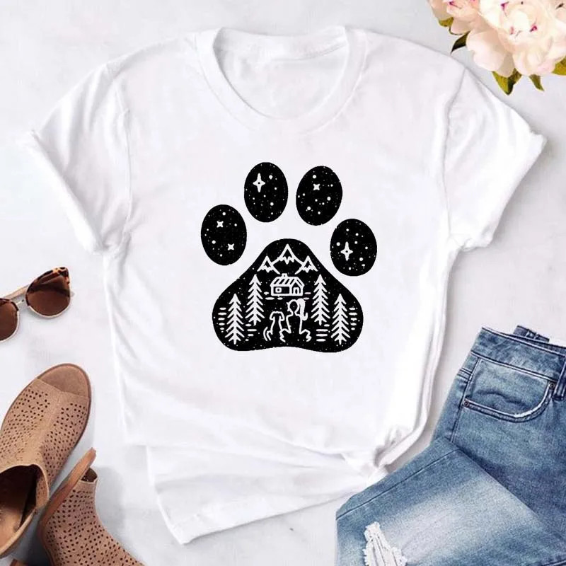 Maycaur-T-shirt noir à col rond pour femme, estival et humoristique, avec imprimé cœur, pattes de chien, dessin animé, à la mode