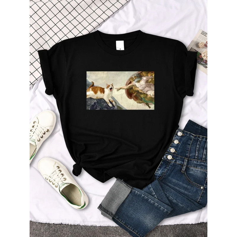 Mona Lisa-T-shirt imprimé chat drôle pour femme, joli, mignon, col rond, gothique, décontracté, surdimensionné