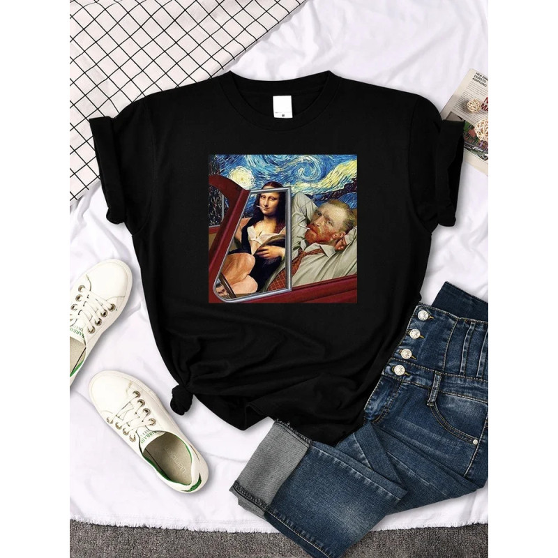 Mona Lisa-T-shirt imprimé chat drôle pour femme, joli, mignon, col rond, gothique, décontracté, surdimensionné