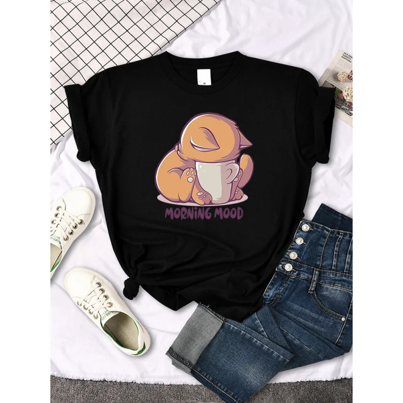 Mona Lisa-T-shirt imprimé chat drôle pour femme, joli, mignon, col rond, gothique, décontracté, surdimensionné