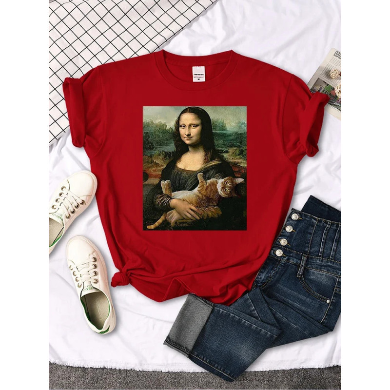 Mona Lisa-T-shirt imprimé chat drôle pour femme, joli, mignon, col rond, gothique, décontracté, surdimensionné